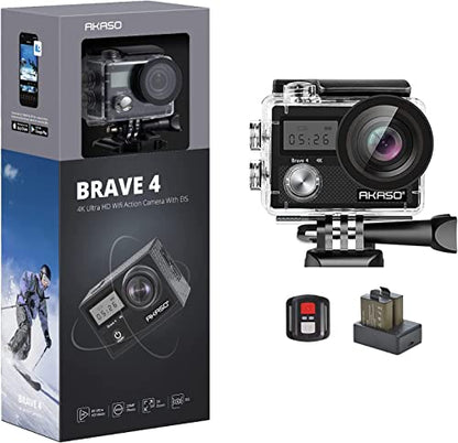 AKASO Brave 4 4K 20MP WiFi Action Camera Ultra HD with EIS 30m Waterproof Camera Remote Control 5X Zoom Underwater Camcorder with 2 Batteries and Helmet Accessories Kit Support External Microphone