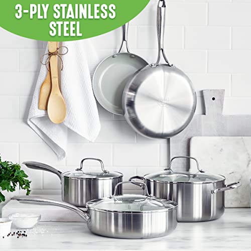GreenLife Tri-Ply Stainless Steel Healthy Ceramic Nonstick, 10 Piece Cookware Pots and Pans Set, PFAS-Free, Multi Clad, Induction, Dishwasher Safe, Oven Safe, Silver