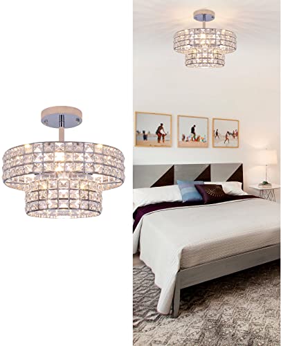 LASENCHOO 4 Lights Modern Crystal Chandeliers for Living Room Kitchen Dining Room Light Fixture, Crystal Flush Mount Ceiling Light Fxiture Brushed Nickel Flush Mount Chandelier G45 Bulbs(Not Include)