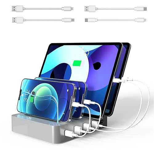Charging Station for Multiple Devices,PD 20W Fast Charging for lPhone 14/13/12,Multi Charger Station with 4 Charging Cables, Compatible with Cellphone iPad Tablet and Others