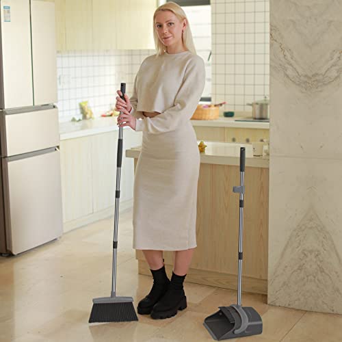Broom and Dustpan Set, Broom Dust pan, Dustpan with Long Handle, Broom with Dustpan, Broom and Dustpan Set for Home, Dustpan Comb, Broom with Dustpan Indoor or Outdoor Broom(Deep Gray&Light Gray)