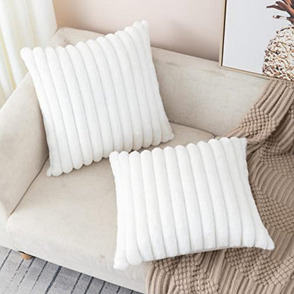 ZLINA Set of 2 Faux Fur Plush Cream White Throw Pillow Covers Fluffy Striped Pillowcase Cushion Covers 16 x 16 Inch Decor Sofa Couch Bedroom