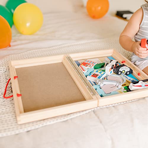 Melissa & Doug 18-Piece Wooden Take-Along Tabletop Town, 4 Rescue Vehicles, Play Pieces, Bridge