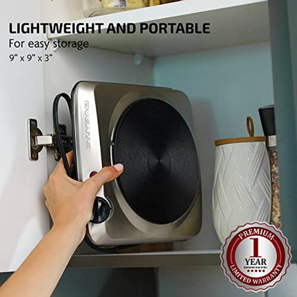 OVENTE Electric Countertop Single Burner, 1000W Cooktop with 7.25 Inch Cast Iron Hot Plate, 5 Level Temperature Controls, Compact Cooking Stove and Easy to Clean Stainless Steel Base, Silver BGS101S