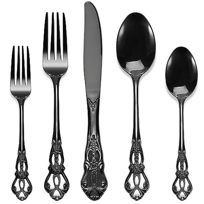 PUREAIN Black Silverware Set, 30 Pieces Retro Royal Silverware Set for 6, Anti-rust Stainless Steel Flatware Set Including Fork Spoon and Knife, Dishwasher Safe