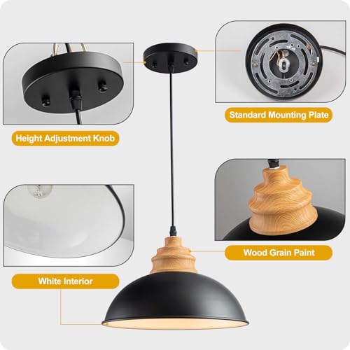 Karjearl Black Industrial Pendant Light, Farmhouse Wood Hanging Light Fixture with Wood Pattern Shade, Modern Dome Pendant Light for Kitchen Island Dining Room Hallway Bedroom