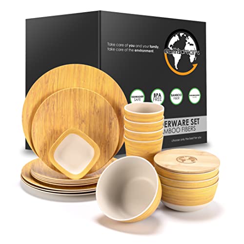 Earths Dreams [18 Piece] Dishes Set for 4 - Reusable Melamine Dinnerware Set - Elegant Bamboo Design Plates and Bowls Sets w/ 1 Bonus Lid & Saucer - Conveniently Dishwasher Safe - Dinnerware Set For 4