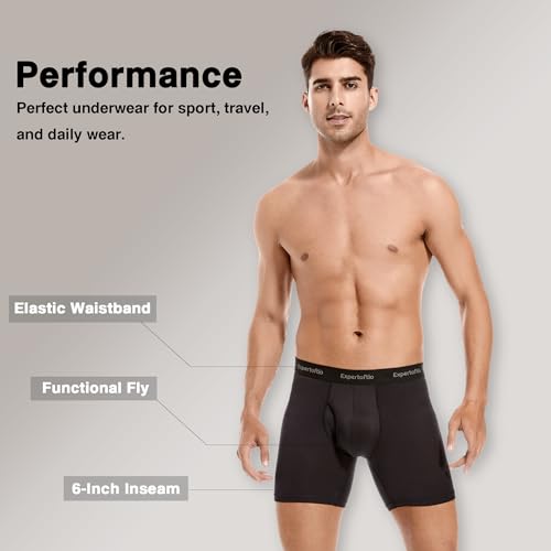 Expertoftio Men's Underwear Boxer Briefs 6 Inch Moisture Wicking Underwear for Men Pack of 4, Anting Chafing, Fly Pouch, M