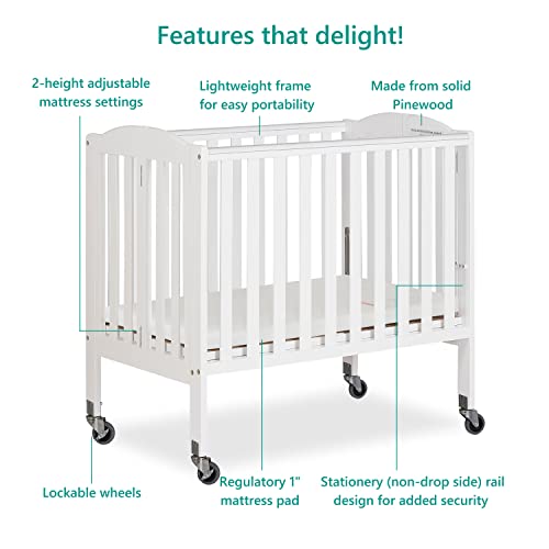 Dream On Me 2-In-1 Portable Folding Stationary Side Crib In White, Greenguard Gold Certified, Two Adjustable Mattress Height Positions,Made Of Solid Pinewood, Flat Folding Crib