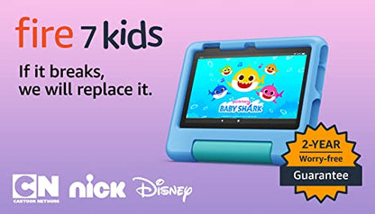 Amazon Fire 7 Kids Tablet (2022) - ages 3-7. 2 year worry-free guarantee, 10-hr battery, ad-free content, parental controls, durable high-res screen, kid-proof case with kickstand, 16 GB, Blue
