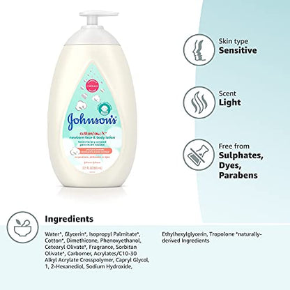 Johnson's CottonTouch Newborn Baby Face and Body Lotion, Hypoallergenic Moisturization for Baby's Skin, Made with Real Cotton, Paraben-Free, Sulfate-Free, Dye-Free, 27.1 fl. oz