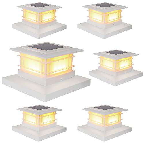 Dynaming 6 Pack Solar Post Lights Outdoor, Decorative Post Cap Light, Solar Powered White Shell Caps, High Brightness Warm White LED Lighting for Garden Deck Patio, Fit 4x4, 5x5 or 6x6 Wooden Posts