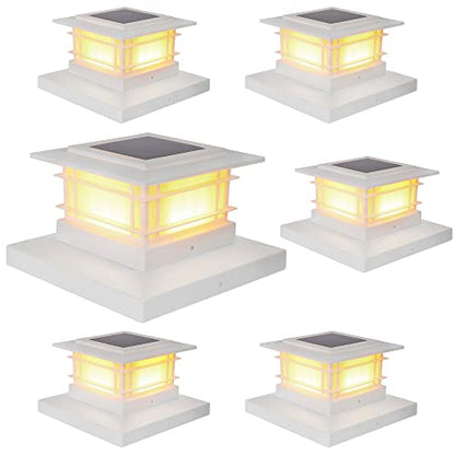 Dynaming 6 Pack Solar Post Lights Outdoor, Decorative Post Cap Light, Solar Powered White Shell Caps, High Brightness Warm White LED Lighting for Garden Deck Patio, Fit 4x4, 5x5 or 6x6 Wooden Posts