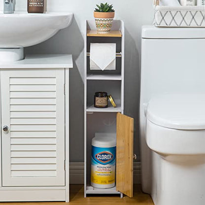 Bathroom Storage Cabinet Toilet Paper Storage for Small Bathroom,Bathroom Storage Cabinet with Toilet Roll Holder,Toilet Paper Stand for Small Space,White/Bamboo by AOJEZOR