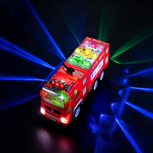 Electric Fire Truck Kids Toy - with Bright Flashing 4D Lights & Real Siren Sounds | Bump and Go Firetruck for Boys | Automatic Steering on Contact | Fire Engine Toy Trucks for Imaginative Play