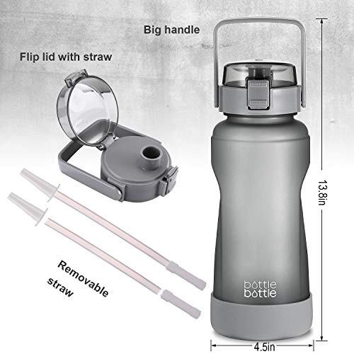 BOTTLE BOTTLE 64 OZ Gallon Motivational Water Bottle with Time Marker Straw & Protective Silicone Boot Workout Water Bottle for Adults and Kids Camping Half Gallon Water Jug (Gray)