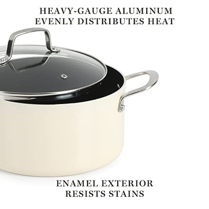 Martha Stewart Lockton Premium Nonstick 10 Piece Enamel Heavy Gauge Aluminum Pots and Pans Cookware Set - Linen White