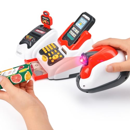 Victostar Toy Cash Register for Kids with Checkout Scanner,Fruit Card Reader, Credit Card Machine, Play Money and Food Shopping Play Set