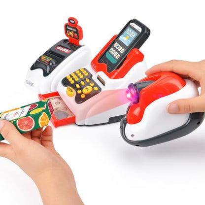Victostar Toy Cash Register for Kids with Checkout Scanner,Fruit Card Reader, Credit Card Machine, Play Money and Food Shopping Play Set