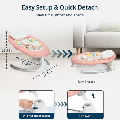 Bioby Electric Baby Swing for Infants, Portable Baby Swing for Newborn Boy Girls with 5 Swing Speeds, Bluetooth Touch Screen/Remote Control, Baby Rocker Chair with Music Speaker 5 Point Harness Pink