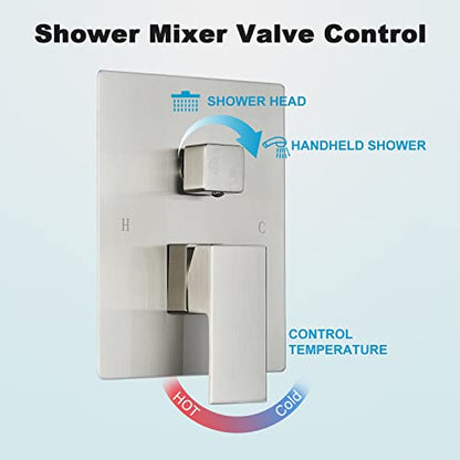 Saetow Brushed Nickel Shower System 12 Inch Shower Head with Hand Held Bathroom Luxury Rain Mixer Shower Combo Set Ceiling Mount,Shower Faucet Set with Valve and Trim