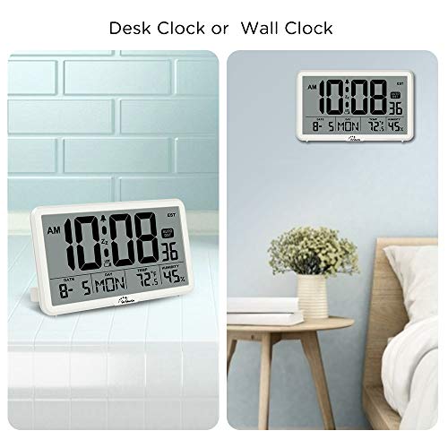 WallarGe Auto Set Digital Wall Clock Battery Operated,Desk Clocks with Temperature,Humidity and Date,Large Display Digital Calendar Alarm Clock for Elderly,Bedroom,Office,8 Time Zone, Auto DST.
