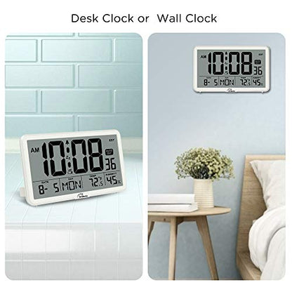 WallarGe Auto Set Digital Wall Clock Battery Operated,Desk Clocks with Temperature,Humidity and Date,Large Display Digital Calendar Alarm Clock for Elderly,Bedroom,Office,8 Time Zone, Auto DST.