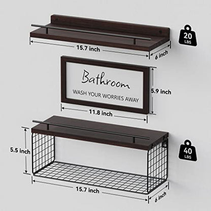 WOPITUES Floating Shelves with Bathroom Wall Décor Sign, Wood Floating Bathroom Shelves over Toilet with Toilet Paper Storage Basket Set of 3, Floating Shelf with Guardrail for Wall Décor–Rustic Brown