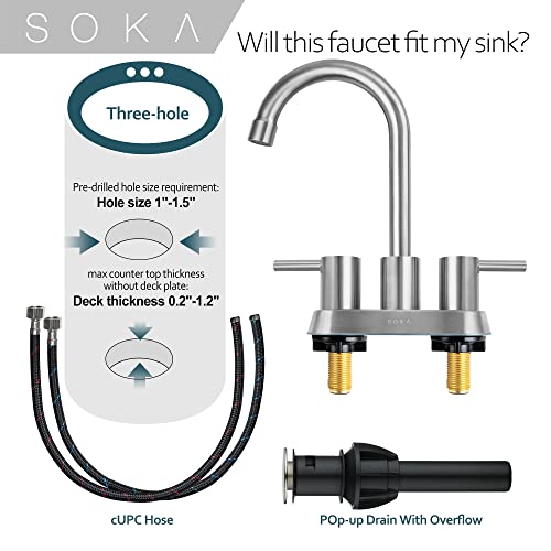 SOKA Commercial Bathroom Faucet 3 Hole Brushed Nickle Bathroom Sink Faucet with Pop-Up Drain Deck Plate for 3 Hole, 2 Handles 4 Inch Sink Lavatory Faucets with 360° Swivel