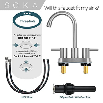 SOKA Commercial Bathroom Faucet 3 Hole Brushed Nickle Bathroom Sink Faucet with Pop-Up Drain Deck Plate for 3 Hole, 2 Handles 4 Inch Sink Lavatory Faucets with 360° Swivel