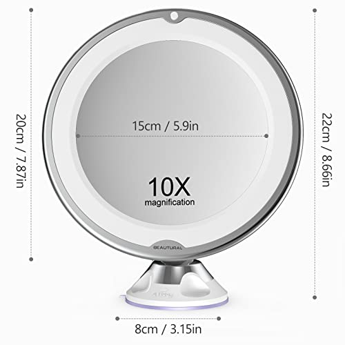 BEAUTURAL Updated 10x Magnifying Makeup Mirror with Powerful Locking Suction Cup, Lighted Vanity Mirror Bathroom Mirror with LED Lights, Portable Wall Mounted Mirror for Home, Travel