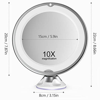 BEAUTURAL Updated 10x Magnifying Makeup Mirror with Powerful Locking Suction Cup, Lighted Vanity Mirror Bathroom Mirror with LED Lights, Portable Wall Mounted Mirror for Home, Travel