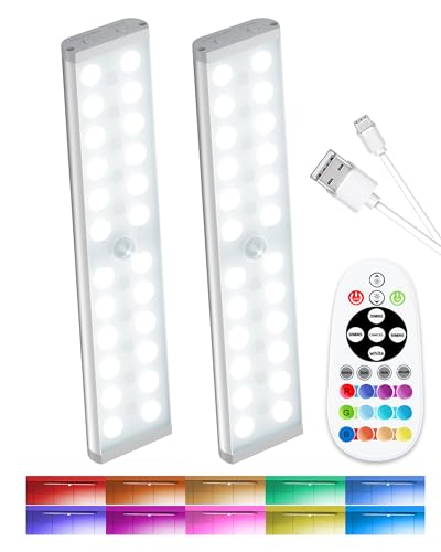 SZOKLED Motion Sensor Under Cabinet Lights, 58-LED RGB Closet Lights Wireless, 1100mAh Rechargeable Under Cabinet Lighting Dimmable Night Lights for Kitchen,Bedroom,Wardrobe,Hallway,Stairs (2 Pcs)