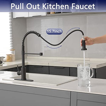 VOTON Kitchen Faucets with Pull Out Sprayer Commercial Spring Kitchen Sink Faucet Matte Black Single Handle Kitchen faucets with Deck Plate