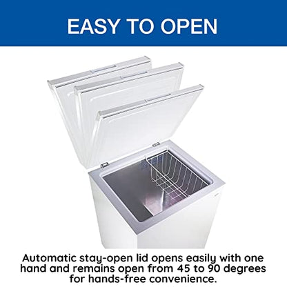 Koolatron Compact Chest Freezer, 5.0 cu ft (155L), White, Manual Defrost Deep Freeze, Storage Basket, Space-Saving Flat Back, Stay-Open Lid, Front-Access Defrost Drain, for Apartment, Condo, Cottage