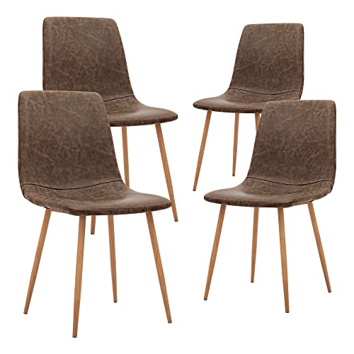 CangLong Set of 4, Kitchen PU Cushion Seat Back, Modern Mid Century Living Room Side Metal Legs Dining chair, Brown