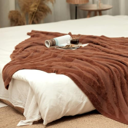 Snuggle Sac Luxury Faux Fur Fuzzy Throw Blanket Knitted Feather Yarn Faux Mink Super Soft Fluffy Lightweight Cozy Decor Blankets with Sahara Textured for Home Bed Couch 50'' x 60" Rust Orange