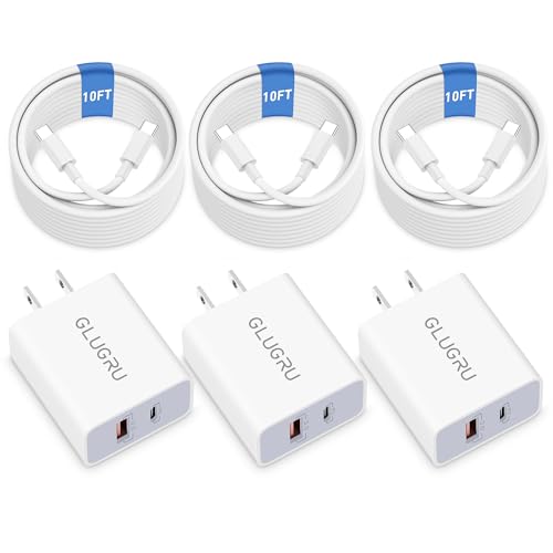 iPhone 15/15 Pro Max Charger, 3-Pack 20W Dual Port Type C Fast Wall Charger Block Power Adapter with 10FT Long USB C to USB C Cable for iPhone 15/15 Plus/15 Pro/15 Pro Max, iPad Pro/Air/Mini, AirPods