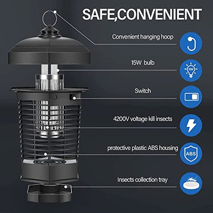 Bug Zapper, Electric Bug Zapper Indoor Oudoor, 4200V 15W Mosquito Zapper Fly Catcher & Electric Insect Killer for Mosquitoes, Flies, Gnats & Other Flying Pests Insects, 1.5 Acre Coverage