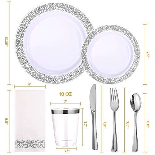 175 Piece Silver Dinnerware Set 25 Guest-50 Silver Lace Plastic Plates-25 Silver Plastic Silverware-25 Silver Plastic Cups-25 Linen Like Silver Paper Napkins, FOCUSLINE Disposable Dinnerware Set