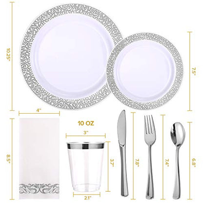 175 Piece Silver Dinnerware Set 25 Guest-50 Silver Lace Plastic Plates-25 Silver Plastic Silverware-25 Silver Plastic Cups-25 Linen Like Silver Paper Napkins, FOCUSLINE Disposable Dinnerware Set