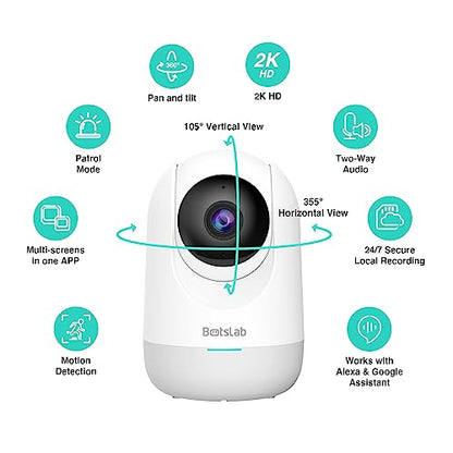 BOTSLAB Smart Pan Tilt Camera, 2K WiFi Indoor Home Security Dome Camera with Human and Motion Detection, Night Vision Baby Monitor, Compatible with Alexa