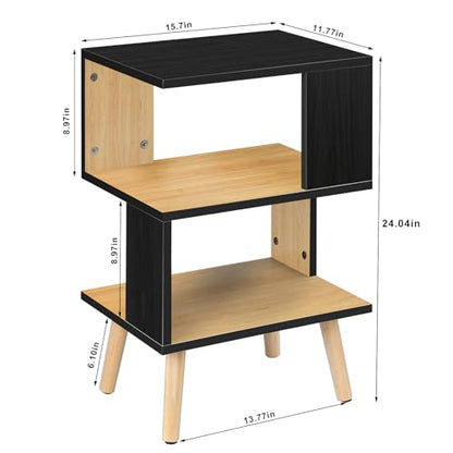 MOOACE Minimalist 3-Tier Wood Side Table for Small Spaces with Open Storage - Small Black End Table for Living Room - Modern Black Nightstand Bedside Table for Bedroom