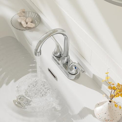Phiestina Chrome 2 or 3 Hole Bathroom Sink Faucet 4 Inch Centerset, Two Handles Copper Faucet, with Metal Pop-up Drain Assembly with Overflow, CUPC Water Supply Line, BF02011-B11-C