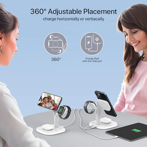 EXW for Magsafe Charger Stand,Charging Station for Multiple Devices,Wireless Charger for iPhone 15/14/13/12 Series,Apple Watch Series 1-9/Ultra,AirPods Pro with LED and Adapter (White)