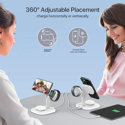 EXW for Magsafe Charger Stand,Charging Station for Multiple Devices,Wireless Charger for iPhone 15/14/13/12 Series,Apple Watch Series 1-9/Ultra,AirPods Pro with LED and Adapter (White)