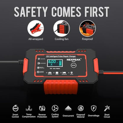 Car Battery Charger, 12V 6A Smart Battery Trickle Charger Automotive 12V Battery Maintainer Desulfator with Temperature Compensation for Car Truck Motorcycle Lawn Mower Marine Lead Acid Batteries