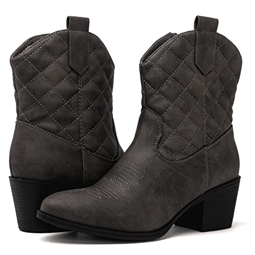 GLOBALWIN Women's Grey Quilted Mid Calf The Western Cowboy Cowgirl Boots 7M