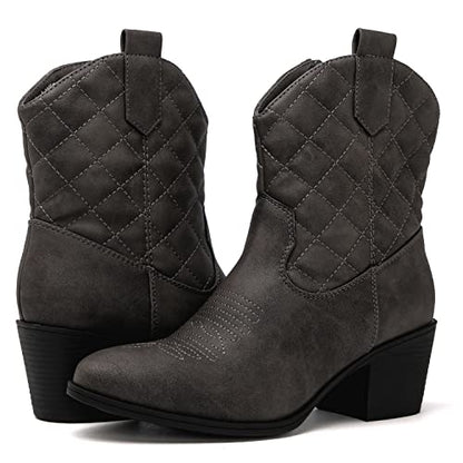 GLOBALWIN Women's Grey Quilted Mid Calf The Western Cowboy Cowgirl Boots 7M