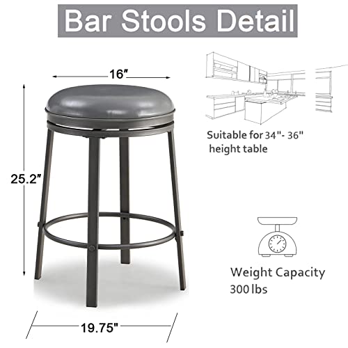OUllUO Swivel Bar Stools Set of 2, 25 Inch Backless Counter Bar Height Stools, PU Leather Round Kitchen Counter Stools, Industrial Kitchen Island Stools with Metal Base, 520P-SGPU, Grey, 2Pcs